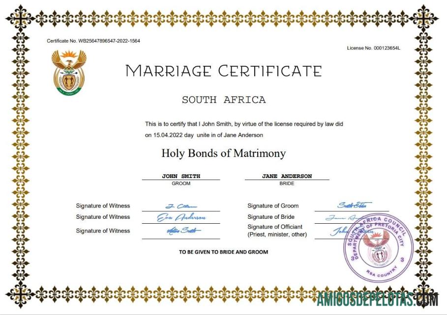 Imprimível modelo Word e PDF de certidão de casamento da África do Sul